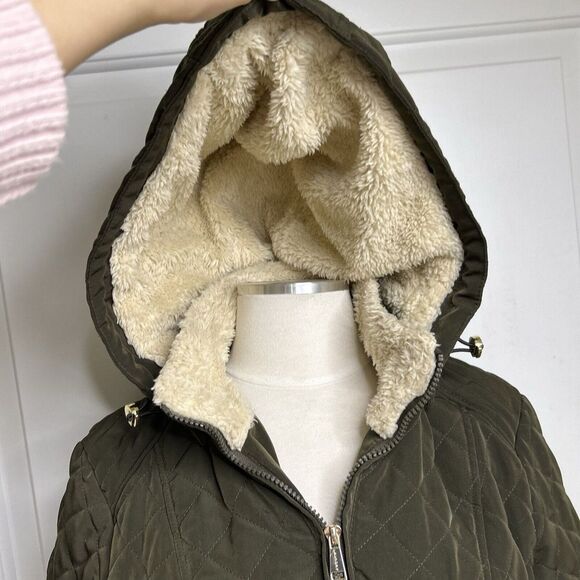 Laundry Shelli Segal Quilted Coat Women’s Medium Detachable Hood Green + Stain** - Picture 3 of 16